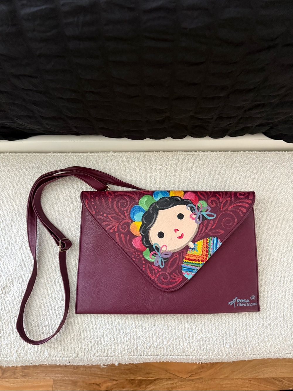 Burgundy Leather Crossbody Bag with Colorful Folk Art Flap